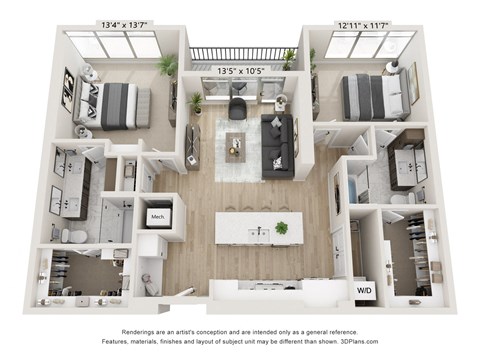 Floor plan for 2 beds, 2 baths, 1302 sqft